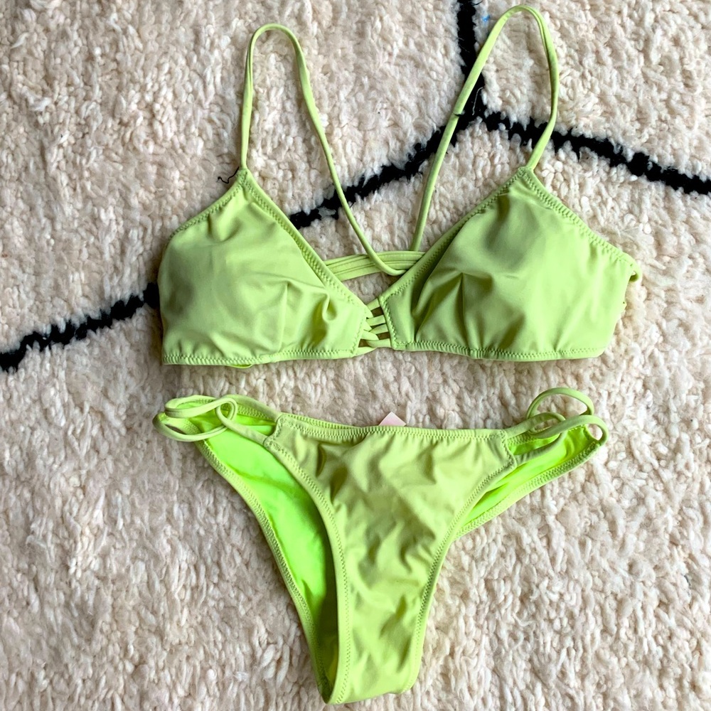 Victoria Secret Swim Strappy Neon Yellow Green Top and Bottom Bikini